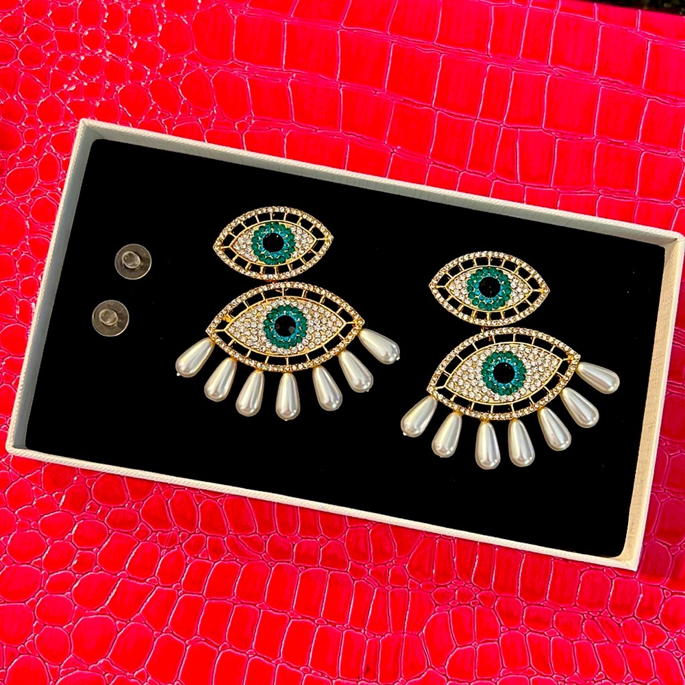 Rhinestone Evil Eye Drop Earrings NEW